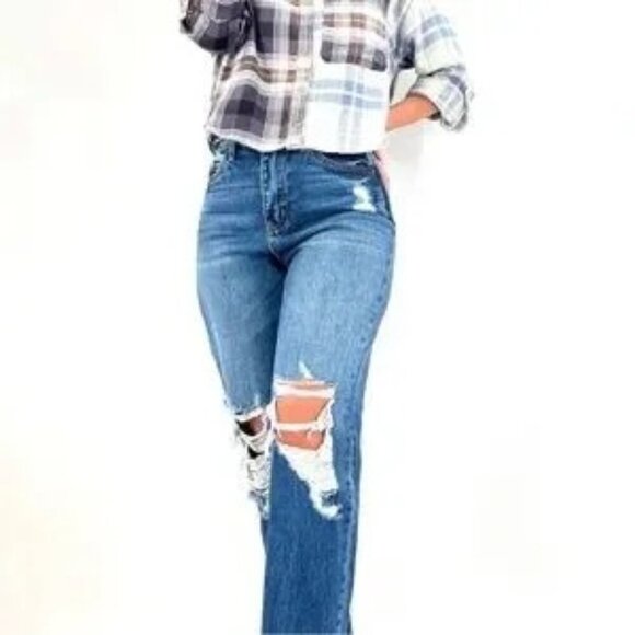 Classic Blue Distressed Women's Jeans - Picture 1 of 8
